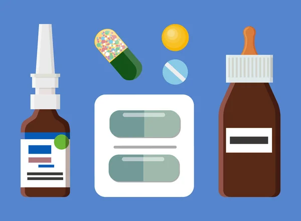 Tablettenblister Und Flaschensammlung Behälter Mit Informationen Über Medizinische Produkte Behandlungselemente — Stockvektor