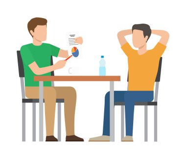 Analiz yapan insanlar, yeşil tişört giyen ve diyagramlar ve bilgilerle kağıt gösteren adam, vektör illüstrasyonunda izole edilmiş masa üstü plastik şişe.