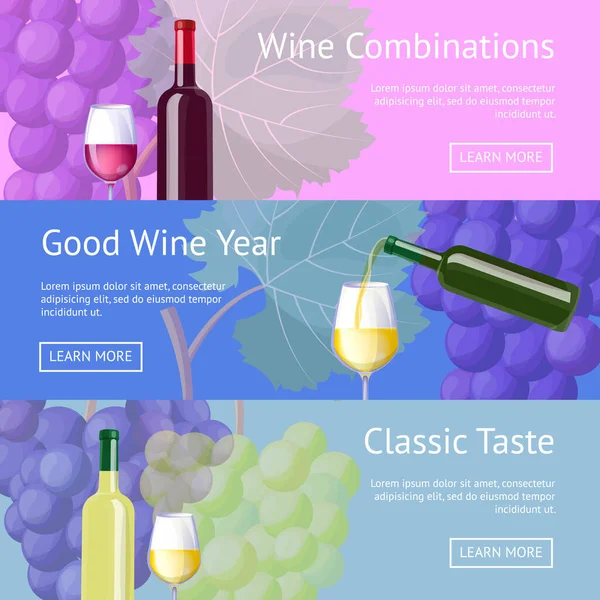 ワインの組み合わせと古典的な味のプロモーションバナー 良いヴィノ年商業インターネットのポスター グラスベクトルイラストで絶妙なアルコール飲料 — ストックベクタ