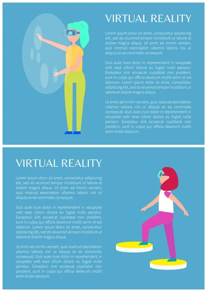 在明亮的蓝色图像矢量图上孤立的虚拟现实可视化Vr技术 头顶特殊装备的女性 另类世界卡 — 图库矢量图片