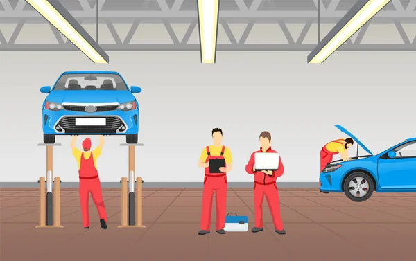 Service Automobile Dans Une Bannière Vectorielle Garage Spacieuse Illustration Colorée — Image vectorielle