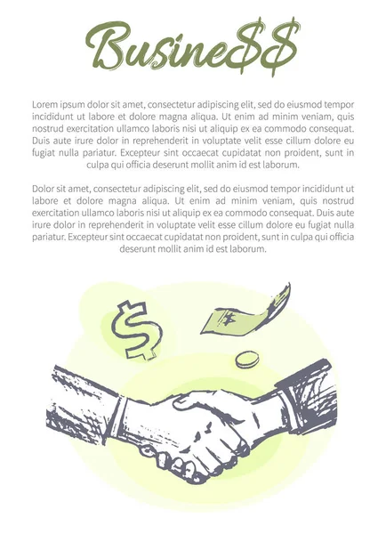 Geschäftsplakat Und Editierbare Textbeispiele Handshake Verdienstkonzept Banknotenmünzen Vektorskizze Von Händeschütteln — Stockvektor