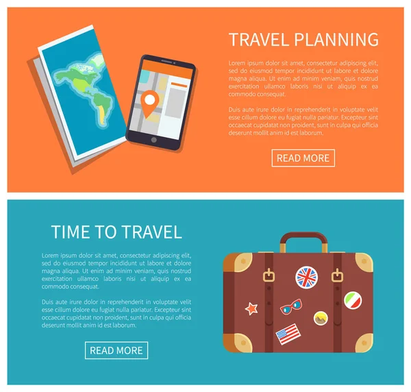 旅行规划网页集 关于旅行的文本样本信息 行李和不同类型网站的地图 — 图库矢量图片