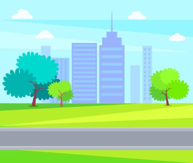 Şehir parkının yeşil ağaçları ve arka planındaki çimenler gökdelenlerin vektör illüstrasyonları şehir binaları, ofisler ve mavi gökyüzünün arka planındaki iş merkezleri