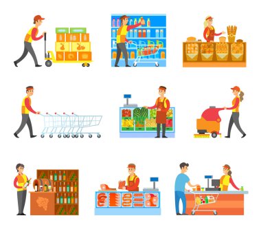 Beyaz vektör illüstrasyonuna izole edilmiş, çeşitli gıda süpermarket posterleri, araba taşıyıcıları, neşeli et ürünleri şarabı ve fırın satıcıları.