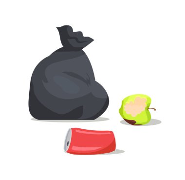 Organik ve metal çöpler, alüminyum Coca Cola şişesi, çürük parçalı olgun yeşil elma, atık dolu çanta, vektör çiziminde izole edilmiş.