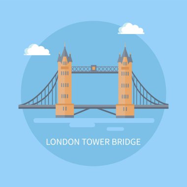 Büyük Londra Kulesi Köprüsü ünlü bir İngiliz eğlencesi. İngiltere 'de popüler bir turistik yer. Mimari görüş dairesel olarak izole edilmiş düz vektör çizimi