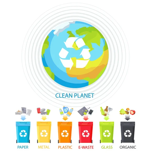 清洁的行星和废物回收利用五颜六色的横幅隔离在白色的地球背景图像 一组圆圈 特殊的垃圾筒与垃圾 — 图库矢量图片