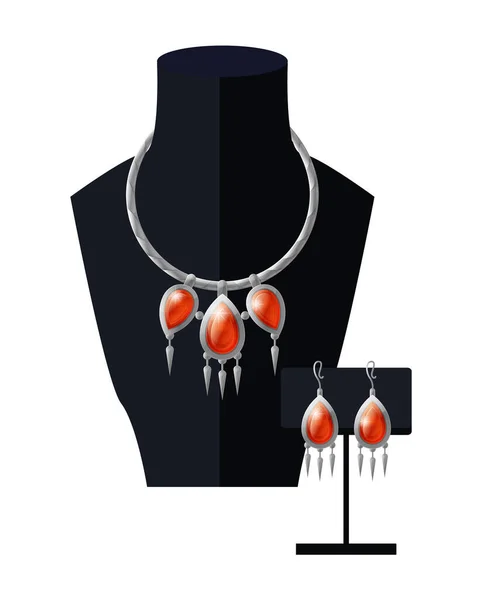 Jewelry Set Necklace Precious Red Stones Black Mannequin Earrings Expensive — Stock Vector
