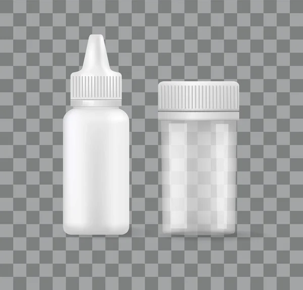 Botellas Píldora Aerosol Aisladas Sobre Fondo Transparente Recipientes Médicos Blanco — Archivo Imágenes Vectoriales