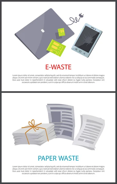 紙と電子廃棄物は テキストサンプル 壊れた電子機器 電話やノートパソコン 新聞のパックと白い色のカードのベクトル図に分離 — ストックベクタ