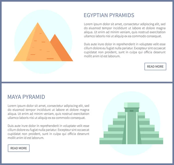 Egyptische Maya Piramides Verzameling Van Bezienswaardigheden Voor Toeristen Oude Plaatsen — Stockvector