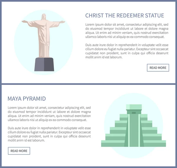 Christ Redeemer Staty Set Och Maya Pyramid Kulturarv Landmärken Sydamerika — Stock vektor