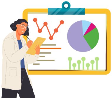 Çözüm arayışı, bilimsel analiz konsepti. İstatistiksel tabloya bakan bir kadın. Bilim adamı veri analizi ve istatistik araştırmaları üzerinde çalışıyor. Büyüteci olan kişi diyagramı analiz eder