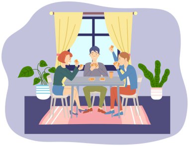 Kız ve erkek kağıt oynuyorlar, heyecanlı arkadaşlar evde oturup eğleniyorlar. Eğlence anlayışı, rahatlama, parti anlayışı. Akşamı birlikte geçirmek. Evde, ailede karantina var.