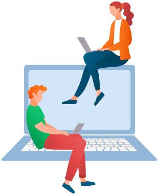 Büyük bir dizüstü bilgisayarda oturup çalışan tüccarlar. Teknolojiyle çalışırken iş arkadaşları. Çalışanlar verileri analiz eder, internette ararlar. Karakterler iş yerinde elektronik cihazlar ve ekipman kullanır