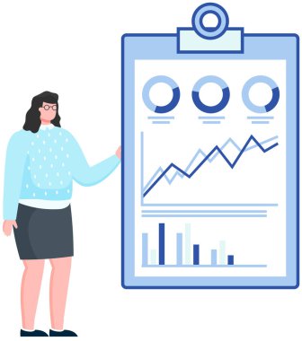Analitik ve geliştirme istatistikleri. Web analiz ölçümü, ürün test teknolojisi. Kadın dijital raporu analiz ediyor. İstatistiksel göstergeler ve diyagramda veriler. Grafiksel bilgi görselleştirmesi