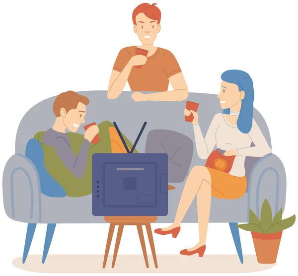 友人のグループは お茶やコーヒーを飲んで話しています 人々は一緒にソファに座って家で時間を過ごす 漫画のキャラクターはリラックスしてアパートで通信します 友情と共同娯楽の概念 — ストックベクタ