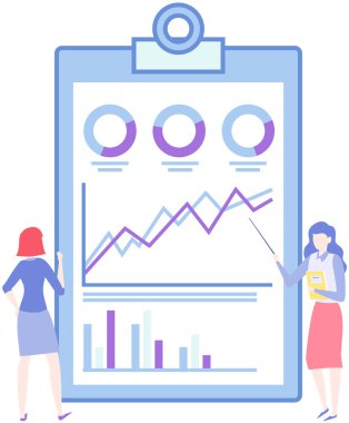 Analitik ve geliştirme istatistikleri. Web analiz ölçümü, ürün test teknolojisi. Kadın dijital raporu analiz ediyor. İstatistiksel göstergeler ve diyagramda veriler. Grafiksel bilgi görselleştirmesi
