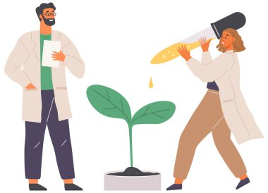 Bilim adamları yaşam sistemi ve organizmaların laboratuvar analizini yapıyor. Eğitim, botanik, mikrobiyoloji. Biyolog deney tüpündeki bitkilerle deney yapıyor. Laboratuvarda bitki örneğiyle araştırma