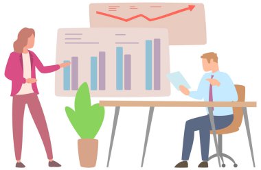 Müdür istatistiksel rapor analiz çizelgelerinin sunumunu yapıyor. Planlama işi. Proje yönetimi, mali raporlama ve strateji için takım çalışması danışmanlığı. Veri analizi araştırma istatistikleri