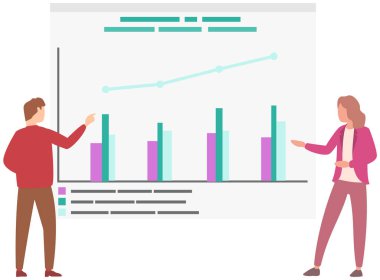 Müdür istatistiksel rapor analiz çizelgelerinin sunumunu yapıyor. Planlama işi. Proje yönetimi, mali raporlama ve strateji için takım çalışması danışmanlığı. Veri analizi araştırma istatistikleri