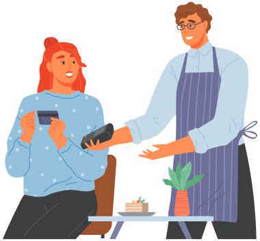Müşteri, kafede nakit para ödemeyen teknolojiyle fatura ödüyor. Kredi kartıyla NFC ile ödeme. Temassız, nakitsiz ödeme, dijital bankacılık konsepti. Kadın restoranda POS terminali üzerinden ödeme yapıyor.