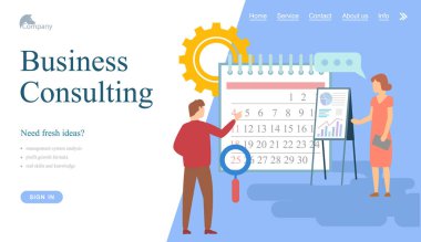 İş danışmanlığı, yönetim ve optimizasyon için internet sitesi. Karakterler iş akışı organizasyonu ile çalışır. Planlama programı, takvim, iş etkinliği konsepti. Meslektaşlar çalışma saatlerini tartışır