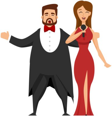 Opera şarkıcıları, müzisyenler, kadın ve erkek sahnede. Konser salonu performansı düz renk vektörü. Güzel şarkıların olduğu bir akşam gösterisi. Zarif klasik müzik sanatçıları. Operadaki vokalistlerin konçertosu