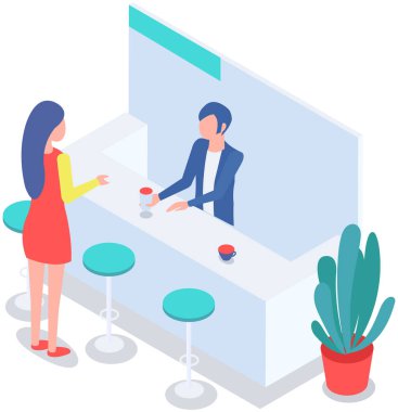 Kız barda içki ısmarlıyor. Barmen ziyaretçiler için kokteyl hazırlar. Barın yanındaki sandalyelerde alkollü içecekler. Atıştırmalık ve alkol satışı. Kafe veya gece kulübü için modern mobilyalar ve iç unsurlar