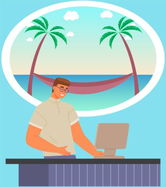 Tatilleri, yaz tatillerini düşünen bir erkek işçi. Bilgisayarda çalışan dalgın hayalperest adam plaj tatil beldesine gitmeyi düşünüyordu. Düşünceli adam iş sırasında okyanusa seyahat etmeyi hayal ediyor.