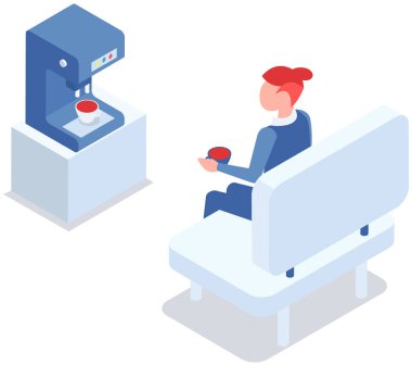 Ofis merkezinin içinde rahatlamak ve bankta oturmak için bir sahne, kahve makinesi. Bekleme odası, müşteri odasının içi. Bir kadın elinde bir fincan çayla kanepede oturmuş mutfakta dinleniyor.