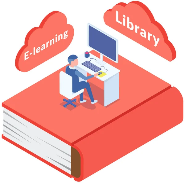 Estudante Biblioteca Trabalha Com Computador Educação Cursos Formação Online Vetor — Vetor de Stock