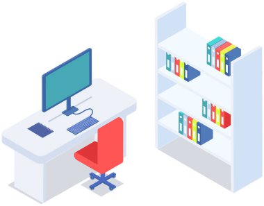 Modern işyeri düz tasarımı. Ofis koltuğu ve ofis masası. İçi rahat oda kitaplarıyla dolu. Çalışanların ya da ofis çalışanlarının iş yerlerinin mobilya ve ekipmanları, vektör iç çalışma alanı