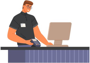 NFC 'nin bağlantısız ödemesi var, okuyucu vektör illüstrasyonlu satıcı. Mobil alışverişler süpermarkette, kasiyer satış mağazasında. Mağaza çalışanı postane çıkışında bekliyor. Adam satış işinde çalışıyor.