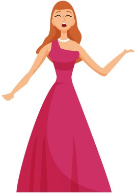 Genç ve güzel bir kız kırmızı elbiseyle sunuculuk yaparak şarkı söylüyor. Hobi ya da profesyonel sahne performansı, şarkıcı konserde şarkılar söylüyor, karaoke partisi