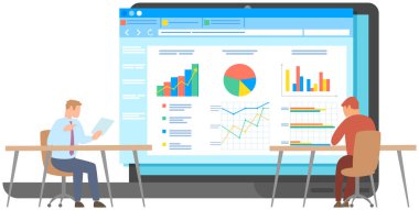 Müdür istatistiksel rapor analiz çizelgelerinin sunumunu yapıyor. Planlama işi. Proje yönetimi, mali raporlama ve strateji için takım çalışması danışmanlığı. Veri analizi araştırma istatistikleri