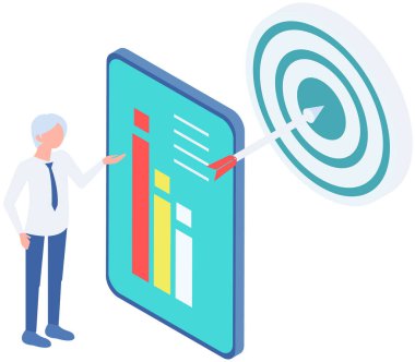 Dijital analiz, istatistiksel göstergeler. Erkek çalışan veri analizi ve istatistiklerle çalışır. Çizelge ve oklu pano. Başarılı iş stratejisi hedef metaforu vurdu