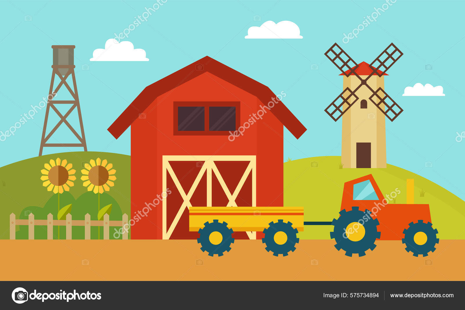 Gård Med Vindmølle Traktor Landskap Låvekonstruksjon Solsikkeplanter  Landbruksmaskiner Med Illustrasjon stockvektor © robuart #575734894, image size:1600x1068