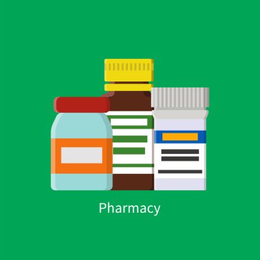 İnsanlar iyileşsin diye cam ve plastik şişelerde sıvı şerbetleri etiketli eczane. Tıbbi bileşenler vektör illüstrasyonlu kaplar