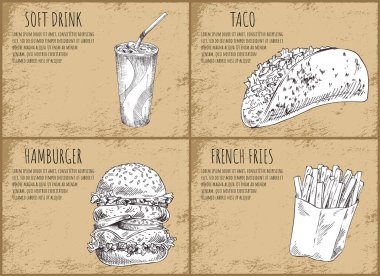 Plastik bardakta buzlu fast food posterleri. Taco yemeği ve hamburger, etli çörek. Paket vektör çiziminde patates kızartması