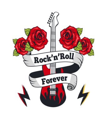 Rock-n-roll sonsuza kadar kurdeleli elektro gitar. Klavyeli müzik aleti ve çiçek açan güller. Yüksek sesli müzik amblemi vektör illüstrasyonu