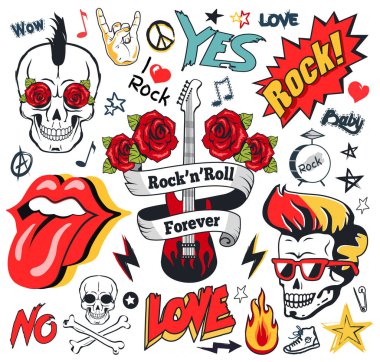 Rock 'n' roll sonsuza dek yüksek sesli poster olacak. Kaya ve punk alt kültür hareketi dekoratif semboller ve amblemler beyaz üzerine renkli çizimler.