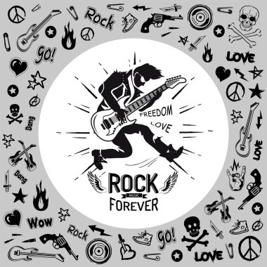 Gitar çalan rock gitaristi. Kişi tarafından çalınan telli bir müzik aleti. Aşk kalbi ve kafatası hippi barış işareti çizimi