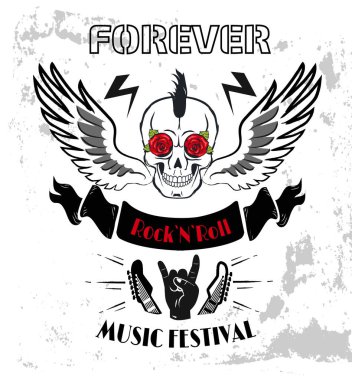 Sonsuza dek kanatlı kafatası punk saç stili rock-n-roll posteri. Boynuzlu el hareketi ve kemik. Elektronik gitarlar, dizgi vektör illüstrasyonlu üst bölümler