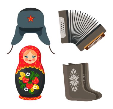 Oyuncak bebek ve ılık bir Rus şapkası. Düğmeleri ve tuşları olan akordeon müzik aleti. Süslü yuva kurma oyuncağı ve çizme vektör çizimi