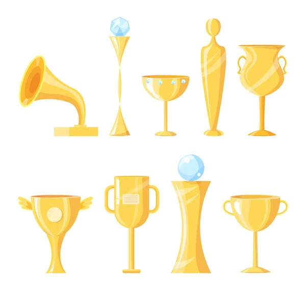 Premios Premios Iconos Oro Conjunto Trofeos Con Etiquetas Forma Copa — Vector de stock