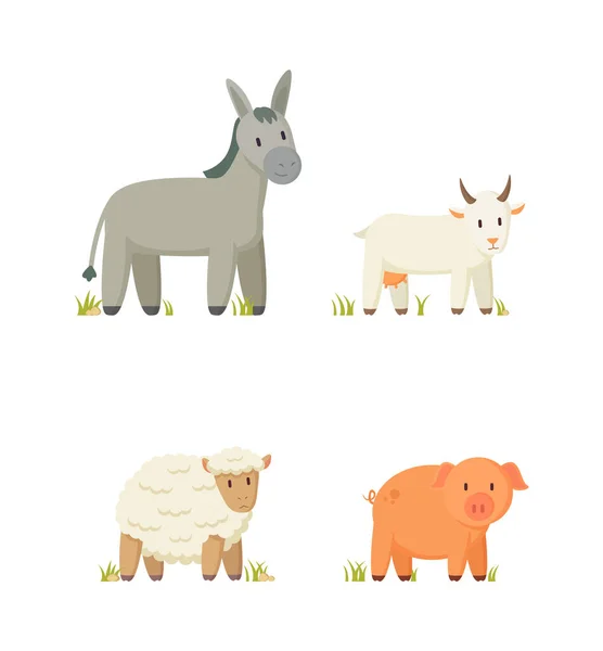 Esel Und Gehörnte Ziegen Ikonen Gesetzt Nutztiere Schweine Und Schafe — Stockvektor