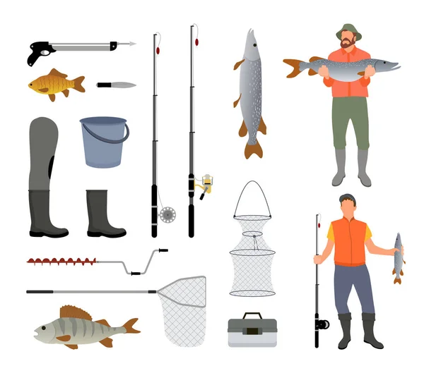 Fiskeverktyg Isolerade Vit Bakgrund Banner Vektor Illustration Stövlar Nät Fiskar — Stock vektor