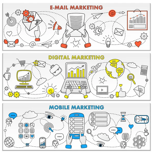 Mobile Mail Digital Marketing Banner Set Abstract Scheme Different Industries — Stock Vector